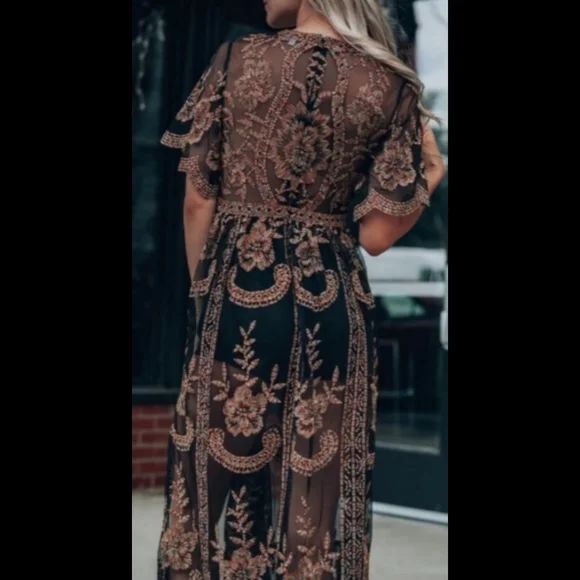 Sexy boho black multi deep v-neck floral lace embroidered maxi romper dress - Picture 3 of 6